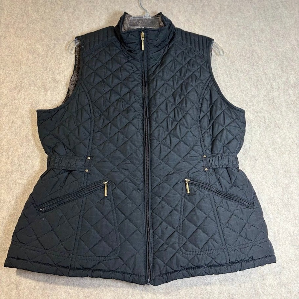 Weatherproof Vest Wmns Large Black Polyester Quilted Faux Fur Lined Chic Classic